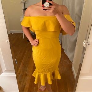 Lulus Mustard Yellow Off the Shoulder Flounce Hem Dress